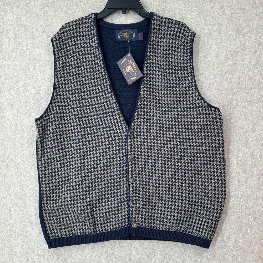 VTG Lake Harmony USA Sweater Vest Mens XL Blue Button‎ 80s Houndstooth